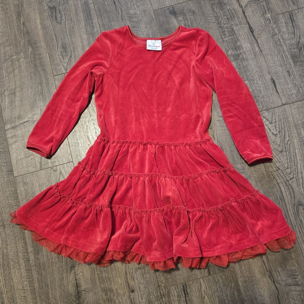 Hanna Anderson Red Velvet Ruffle Dress Girl Size 110 (US 5) Fancy Dress Up